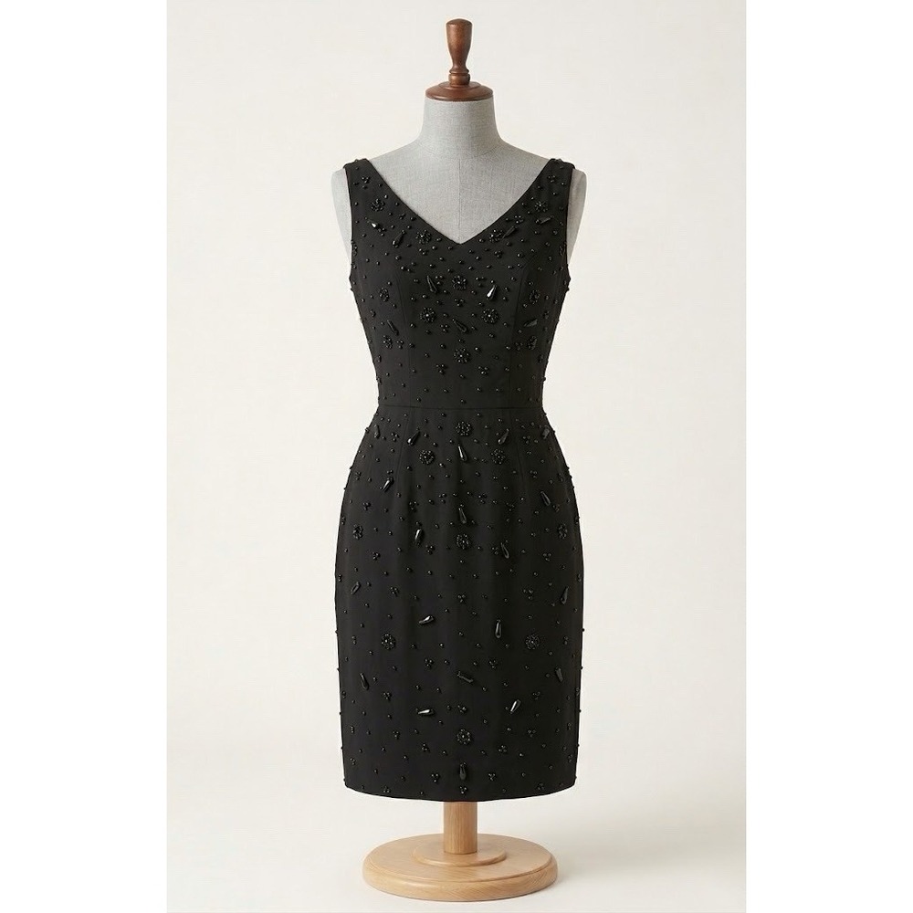 Beaded Cocktail Dress Womens M Black V-Neck Sheath LBD Belted Sleeveless Party